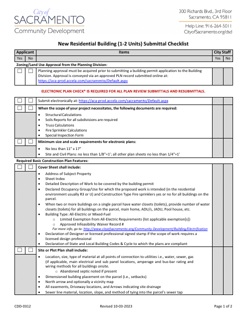 Form CDD-0312 New Residential Building (1-2 Units) Submittal Checklist - City of Sacramento, California