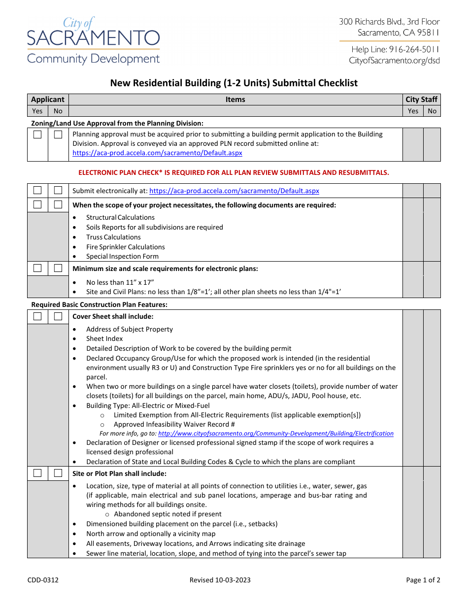 Form CDD-0312 New Residential Building (1-2 Units) Submittal Checklist - City of Sacramento, California, Page 1