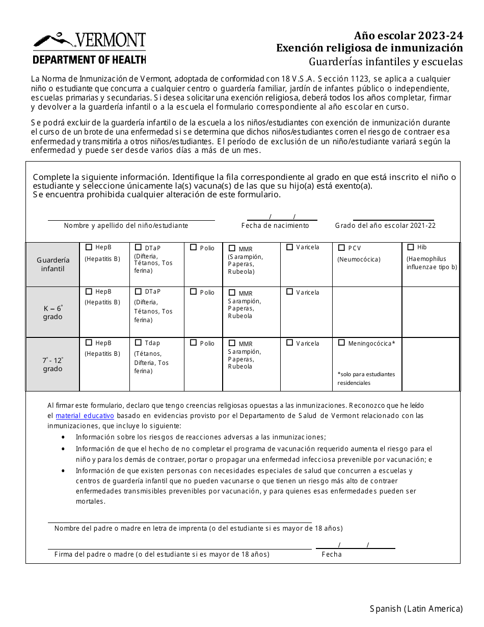 Religious Immunization Exemption - Child Care and Schools - Vermont (English / Spanish), Page 1
