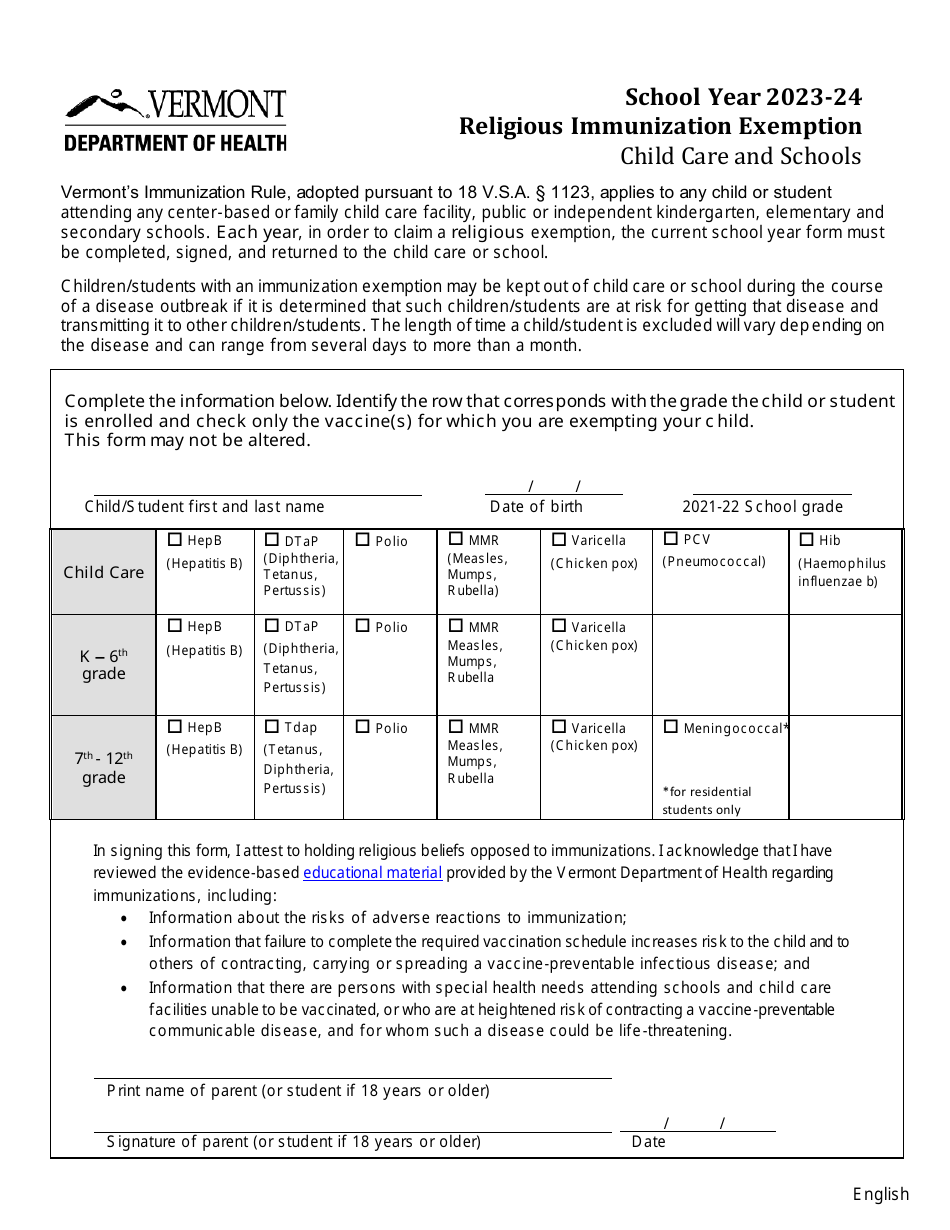 Religious Immunization Exemption - Child Care and Schools - Vermont (English / Spanish), Page 2