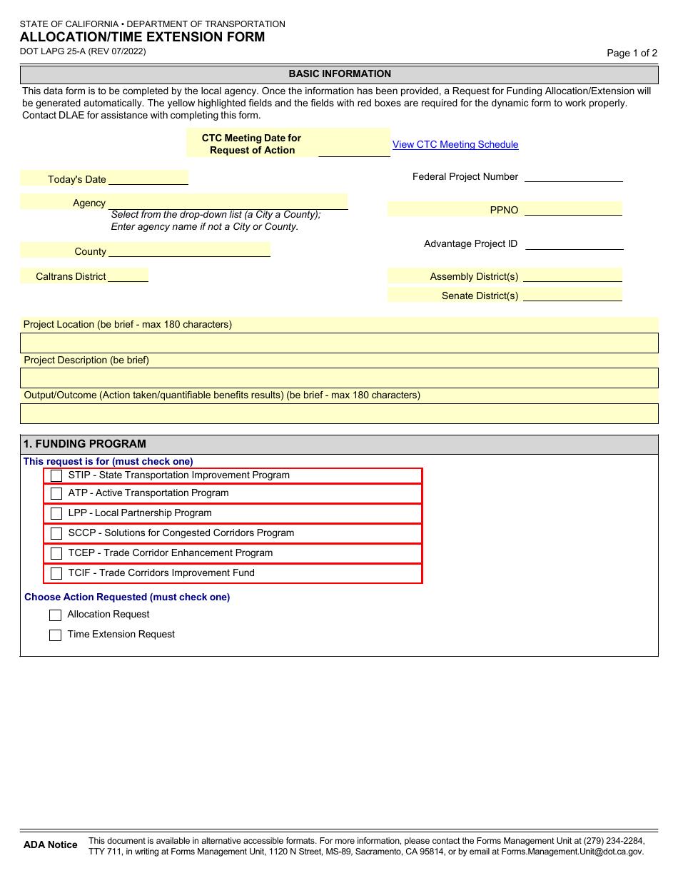 Form DOT LAPG25-A Allocation / Time Extension Form - California, Page 1