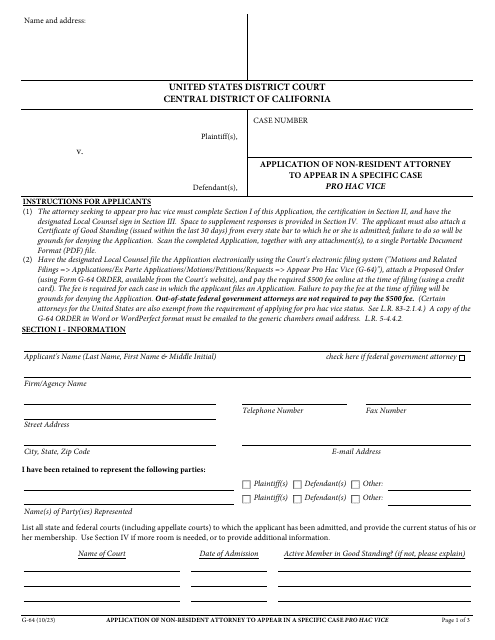 Form G-64 Application of Non-resident Attorney to Appear in a Specific Case Pro Hac Vice - California