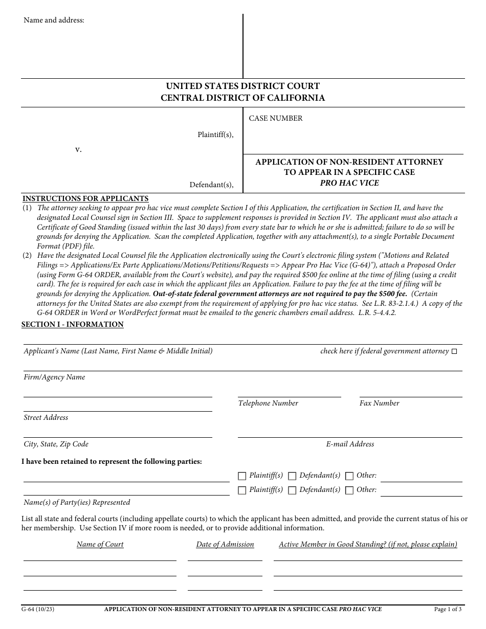 Form G-64 Application of Non-resident Attorney to Appear in a Specific Case Pro Hac Vice - California, Page 1