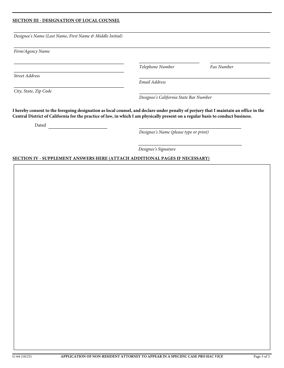 Form G-64 Application of Non-resident Attorney to Appear in a Specific Case Pro Hac Vice - California, Page 3