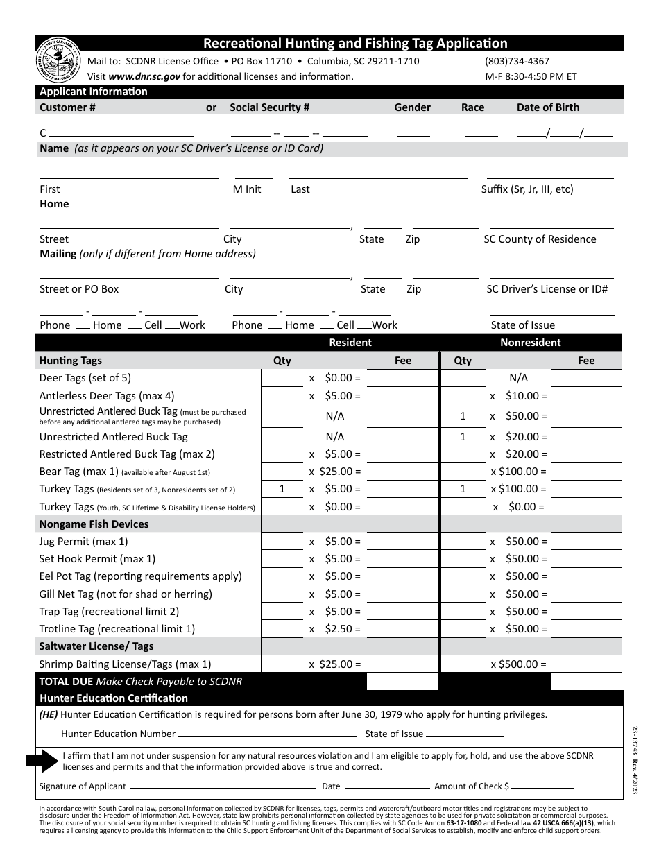 Form 23-13743 Recreational Hunting and Fishing Tag Application - South Carolina, Page 1