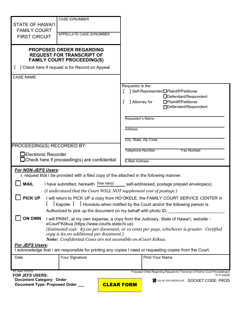 Form 1F-P-3022B Proposed Order Regarding Request for Transcript of Family Court Proceeding(S) - Hawaii