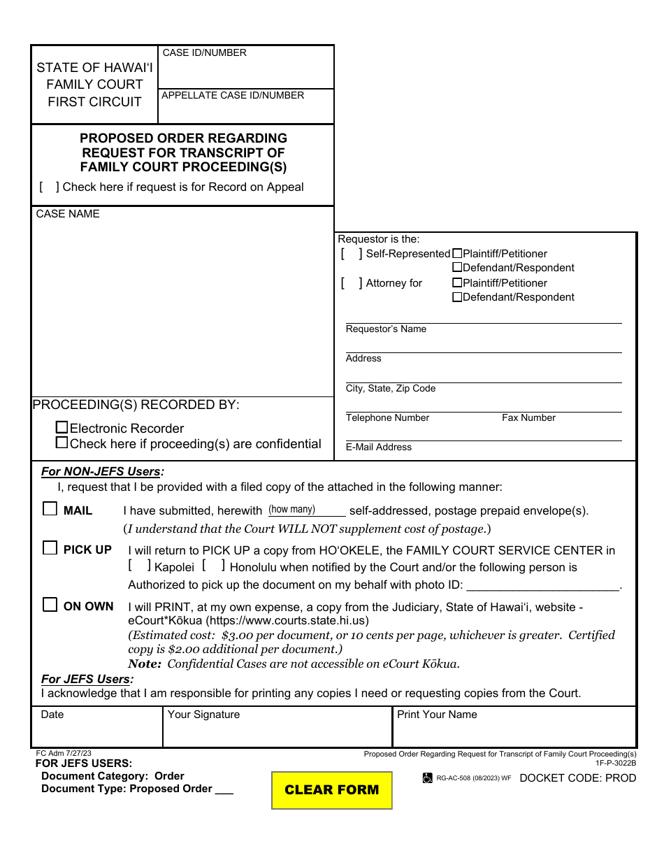 Form 1F-P-3022B Proposed Order Regarding Request for Transcript of Family Court Proceeding(S) - Hawaii, Page 1