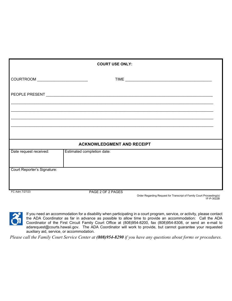 Form 1F-P-3022B Proposed Order Regarding Request for Transcript of Family Court Proceeding(S) - Hawaii, Page 3