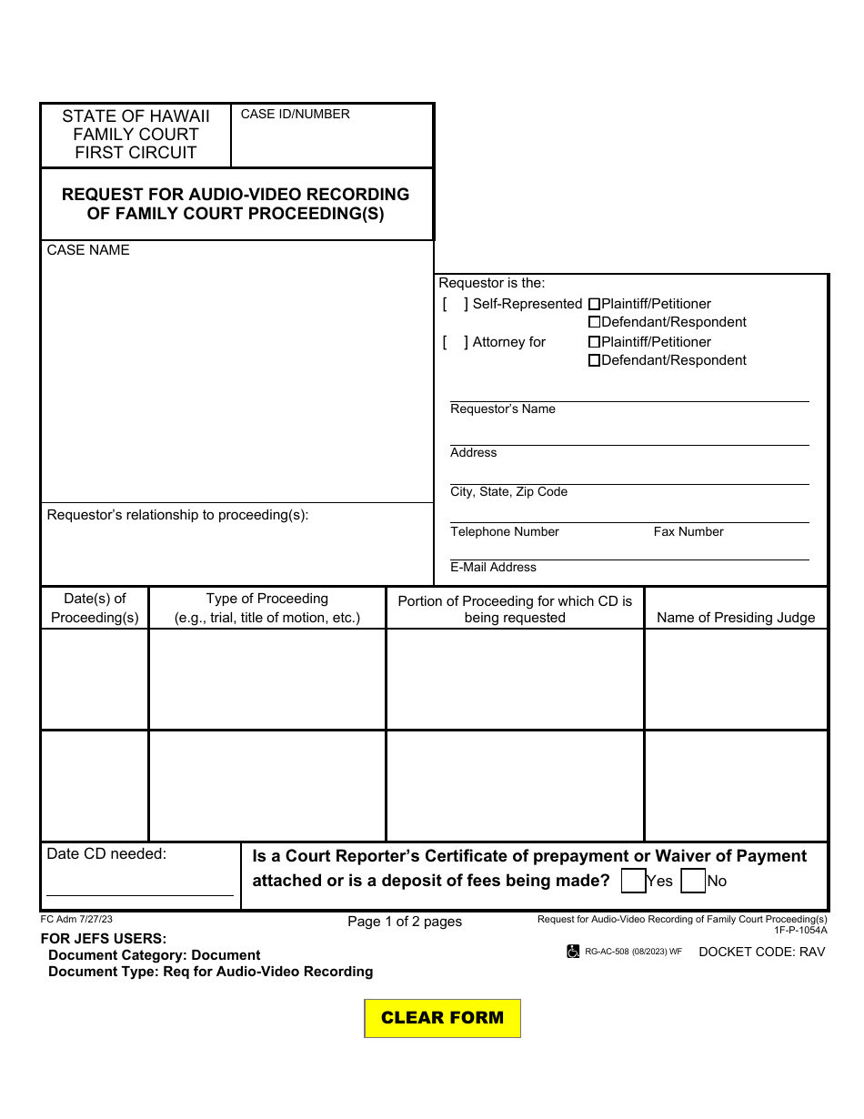 Form 1F-P-1054A Request for Audio-Video Recording of Family Court Proceeding(S) - Hawaii, Page 1