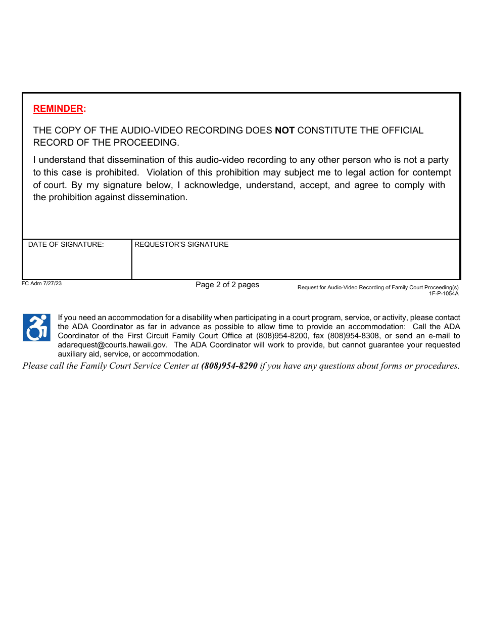 Form 1F-P-1054A Request for Audio-Video Recording of Family Court Proceeding(S) - Hawaii, Page 2