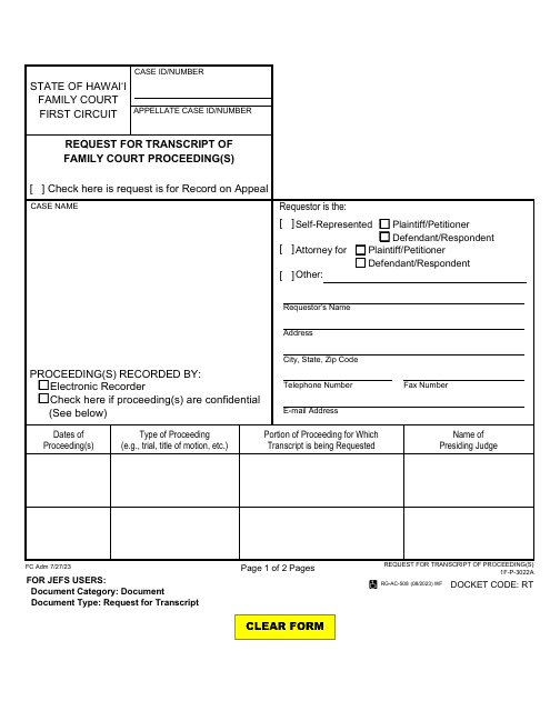 Form 1F-P-3022A Request for Transcript of Family Court Proceeding(S) - Hawaii