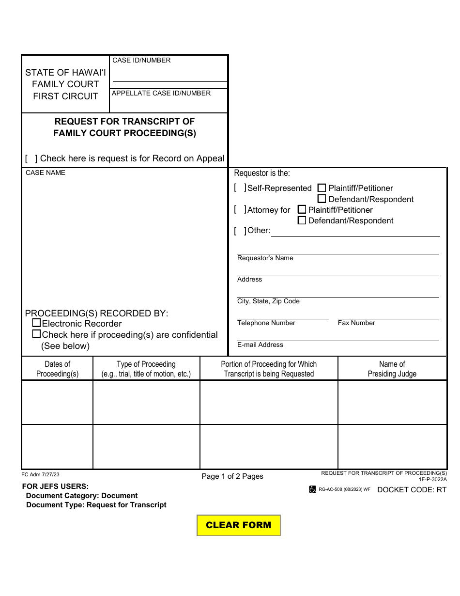 Form 1F-P-3022A Request for Transcript of Family Court Proceeding(S) - Hawaii, Page 1