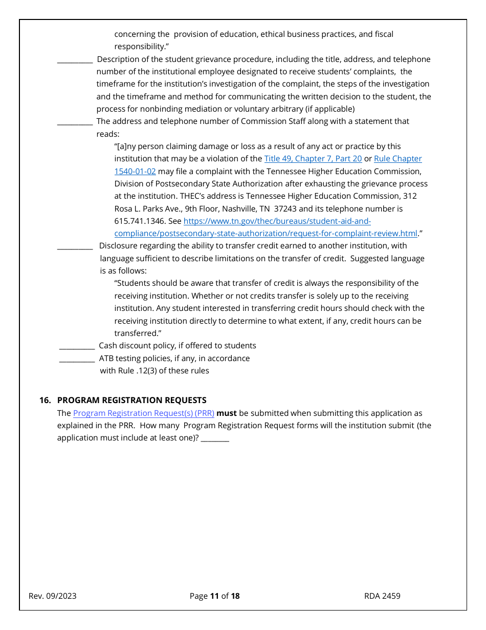 Application for Initial Authorization of a Postsecondary Educational Institution - Tennessee, Page 11