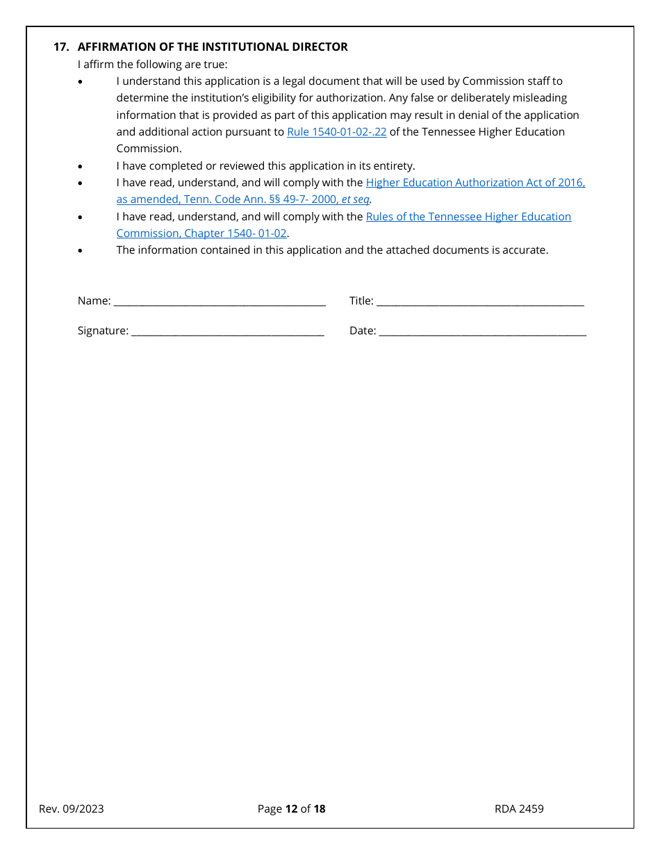 Application for Initial Authorization of a Postsecondary Educational Institution - Tennessee, Page 12