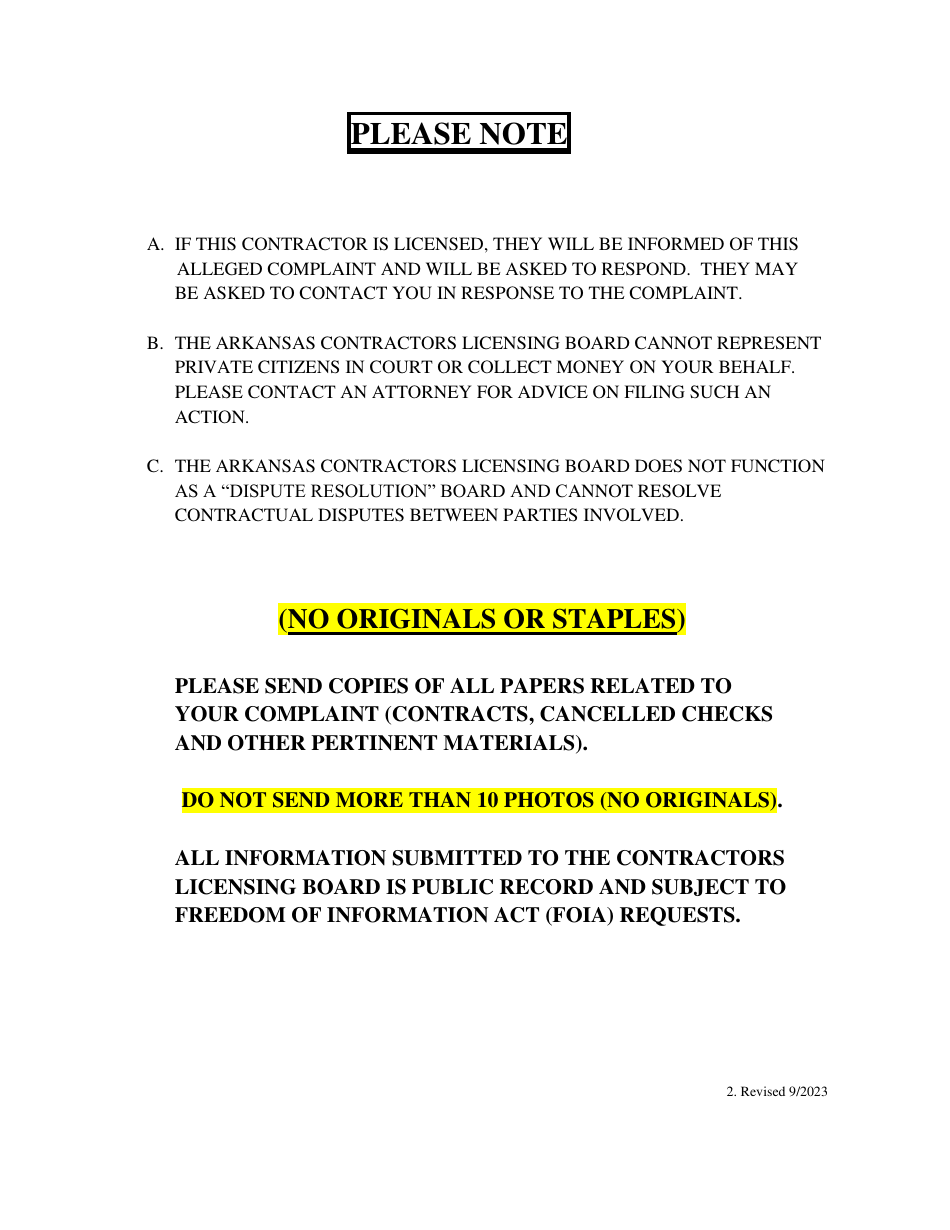 Complaint Form - Arkansas, Page 2