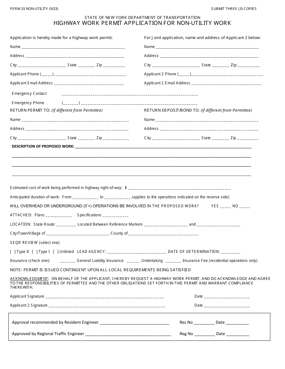 Form PERM33 Highway Work Permit Application for Non-utility Work - New York, Page 5
