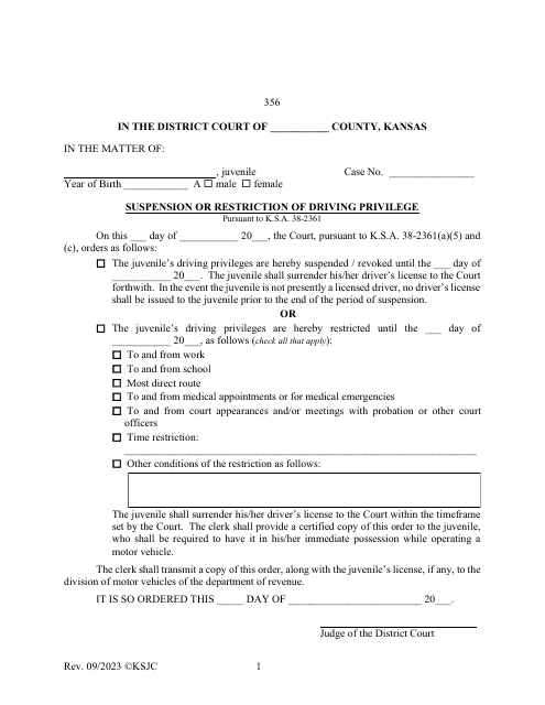 Form 356 Suspension or Restriction of Driving Privilege - Kansas