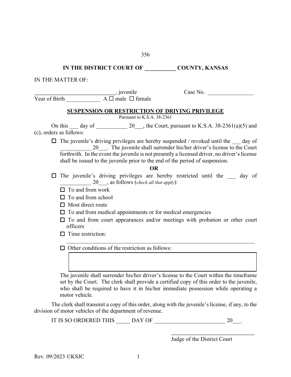 Form 356 Suspension or Restriction of Driving Privilege - Kansas, Page 1