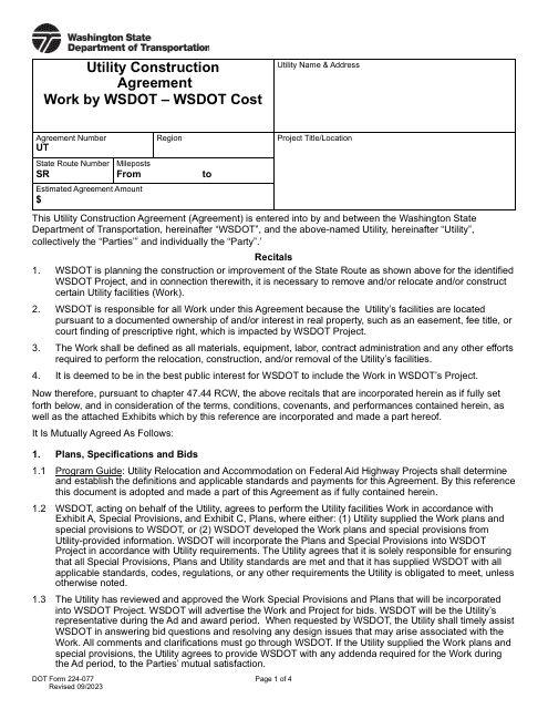 DOT Form 224-077 Utility Construction Agreement - Work by Wsdot - Wsdot Cost - Washington