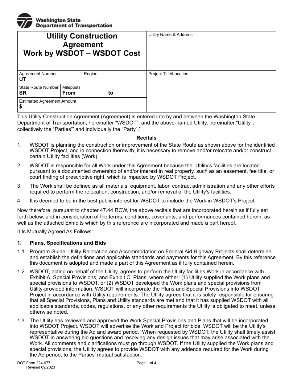 DOT Form 224077 Download Fillable PDF or Fill Online Utility