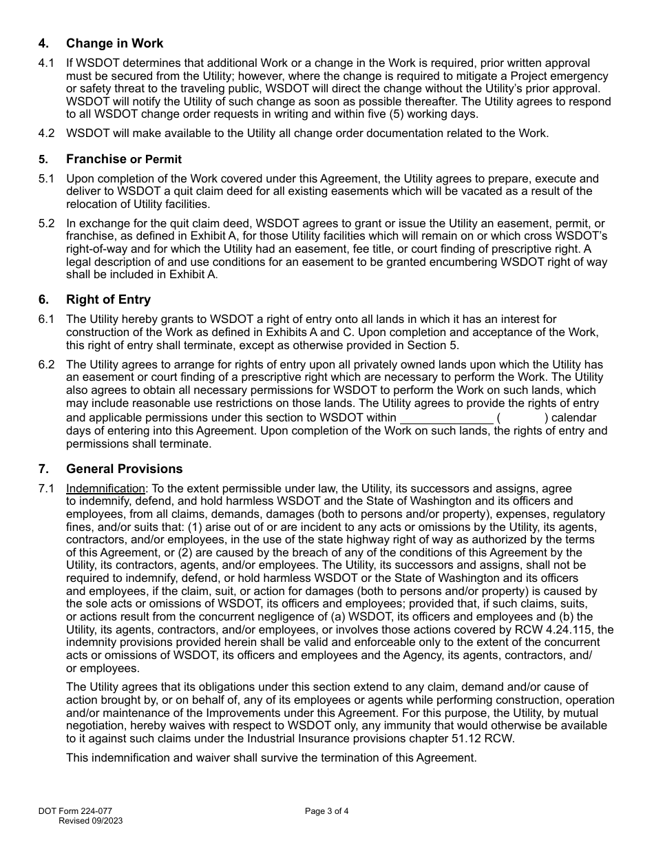 DOT Form 224-077 Utility Construction Agreement - Work by Wsdot - Wsdot Cost - Washington, Page 3