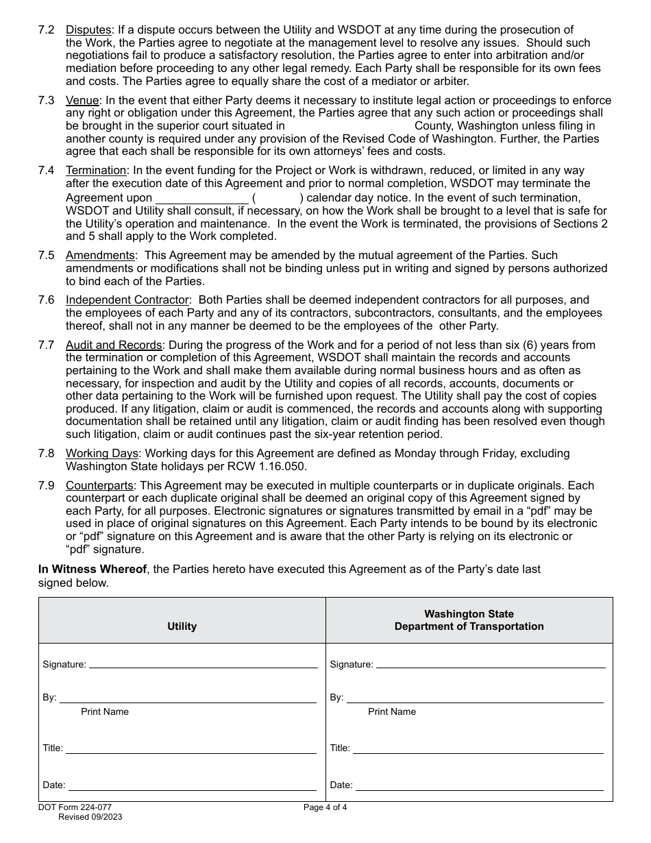 DOT Form 224-077 Utility Construction Agreement - Work by Wsdot - Wsdot Cost - Washington, Page 4