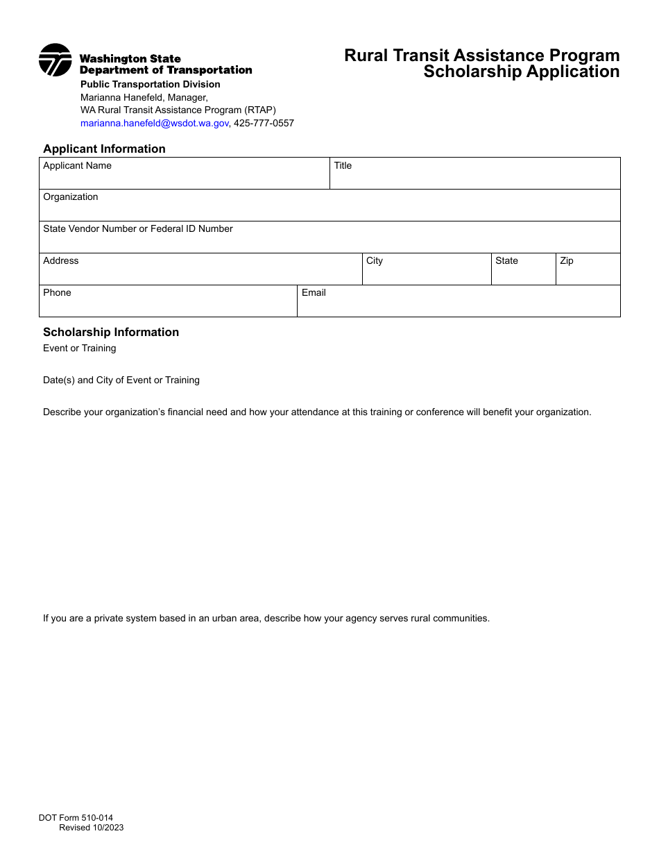 DOT Form 510-014 Rural Transit Assistance Program Scholarship Application - Washington, Page 1