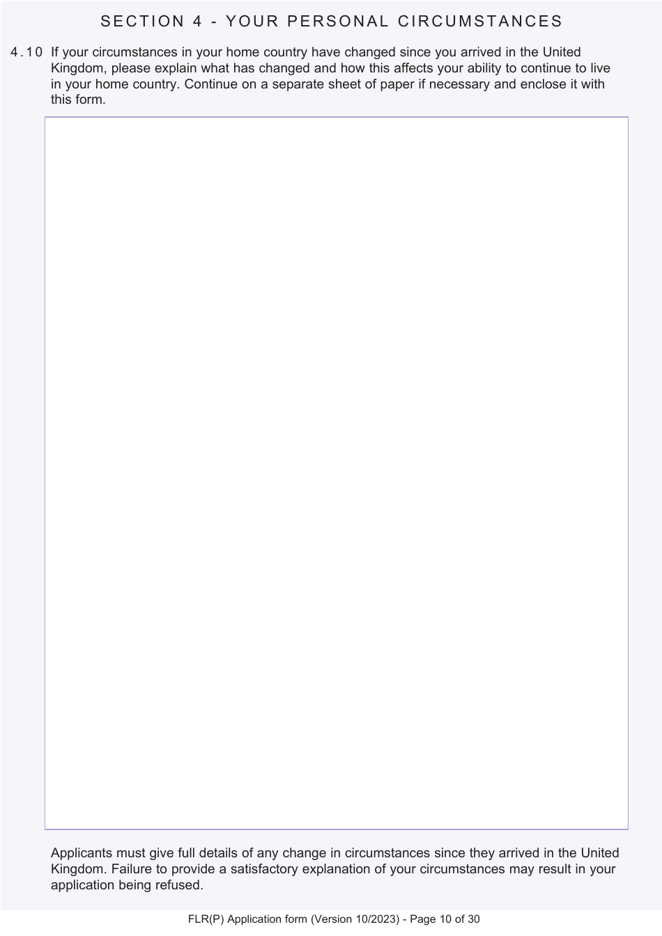 Form FLR(P) Application for an Extension of Stay in the UK as a Child Under the Age of 18 of a Relative With Limited Leave to Enter or Remain in the UK as a Refugee or Beneficiary of Humanitarian Protection and for a Biometric Immigration Document - United Kingdom, Page 10