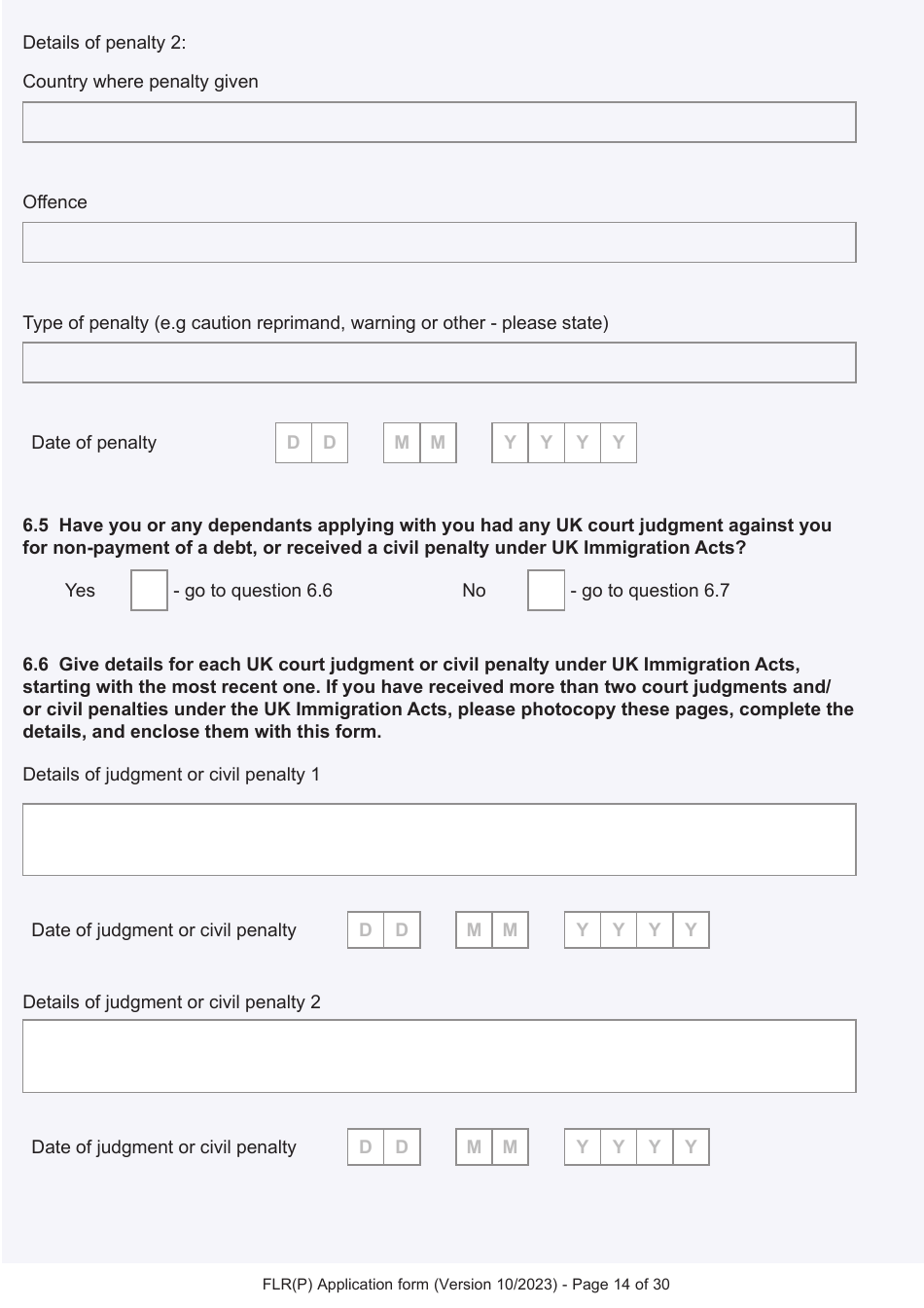 Form FLR(P) Application for an Extension of Stay in the UK as a Child Under the Age of 18 of a Relative With Limited Leave to Enter or Remain in the UK as a Refugee or Beneficiary of Humanitarian Protection and for a Biometric Immigration Document - United Kingdom, Page 14