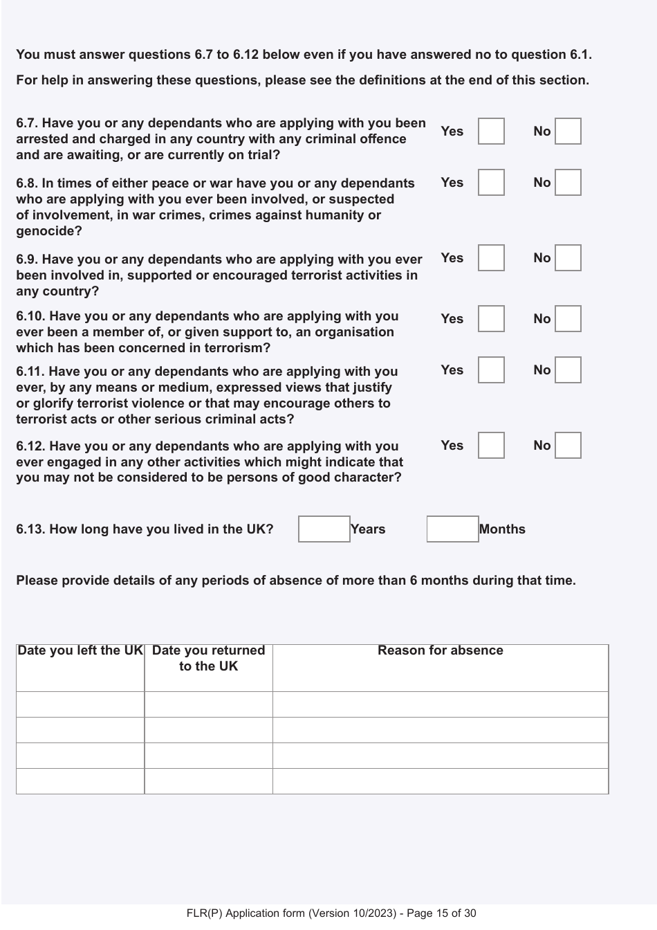 Form FLR(P) Application for an Extension of Stay in the UK as a Child Under the Age of 18 of a Relative With Limited Leave to Enter or Remain in the UK as a Refugee or Beneficiary of Humanitarian Protection and for a Biometric Immigration Document - United Kingdom, Page 15