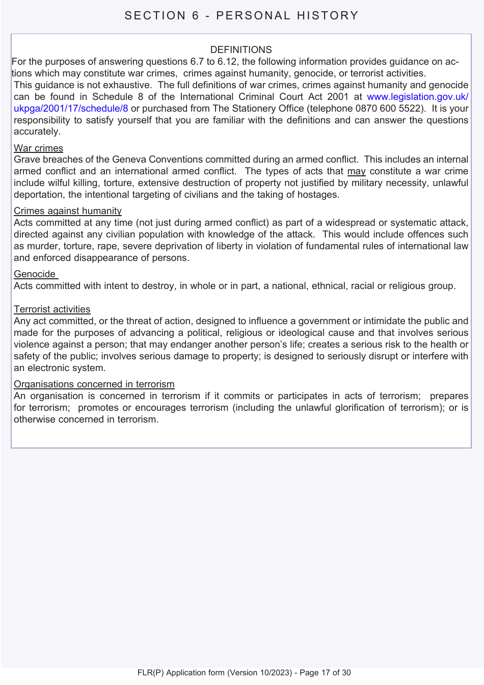 Form FLR(P) Application for an Extension of Stay in the UK as a Child Under the Age of 18 of a Relative With Limited Leave to Enter or Remain in the UK as a Refugee or Beneficiary of Humanitarian Protection and for a Biometric Immigration Document - United Kingdom, Page 17