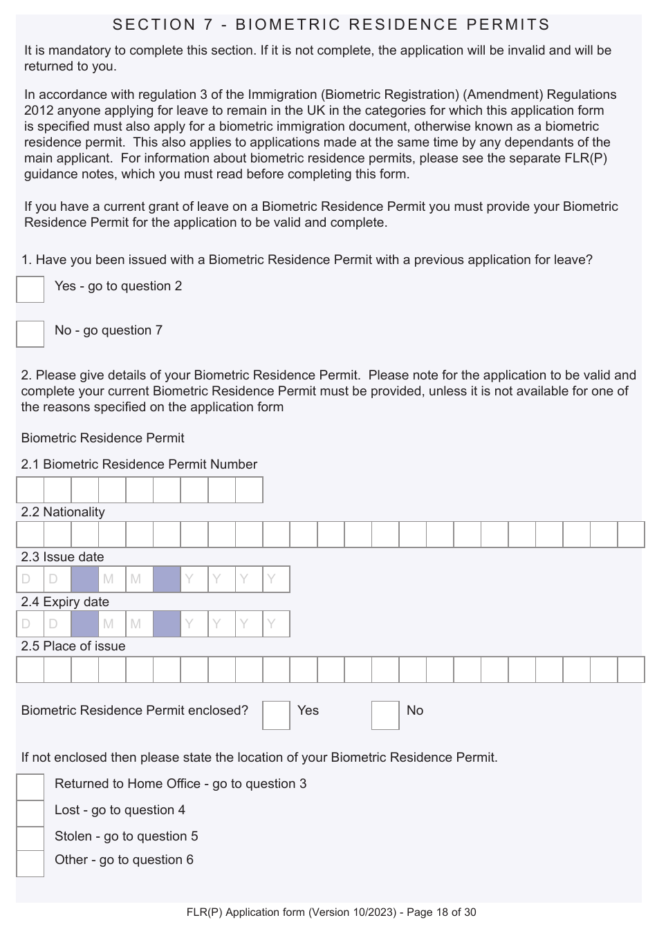 Form FLR(P) Application for an Extension of Stay in the UK as a Child Under the Age of 18 of a Relative With Limited Leave to Enter or Remain in the UK as a Refugee or Beneficiary of Humanitarian Protection and for a Biometric Immigration Document - United Kingdom, Page 18