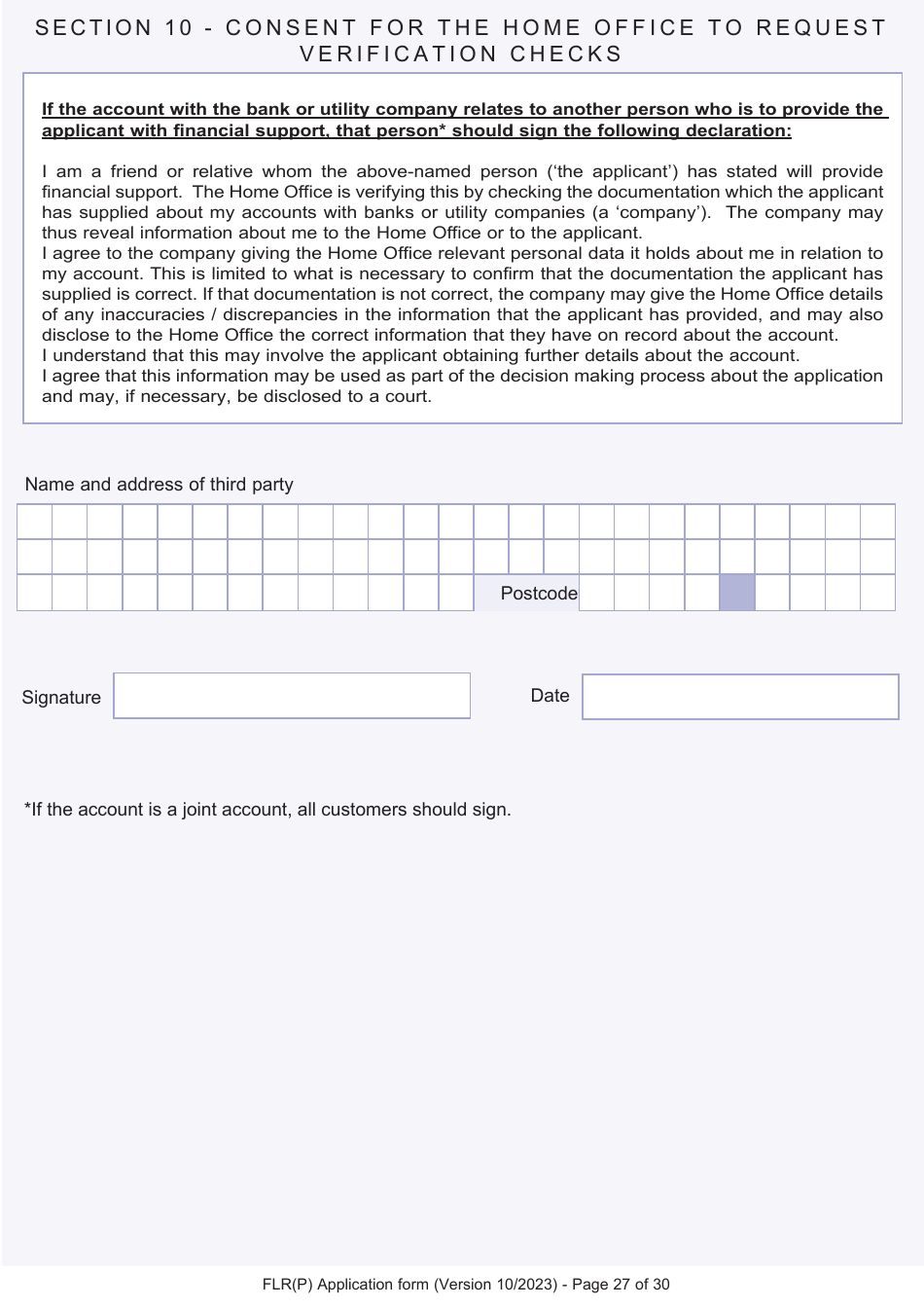 Form FLR(P) Application for an Extension of Stay in the UK as a Child Under the Age of 18 of a Relative With Limited Leave to Enter or Remain in the UK as a Refugee or Beneficiary of Humanitarian Protection and for a Biometric Immigration Document - United Kingdom, Page 27