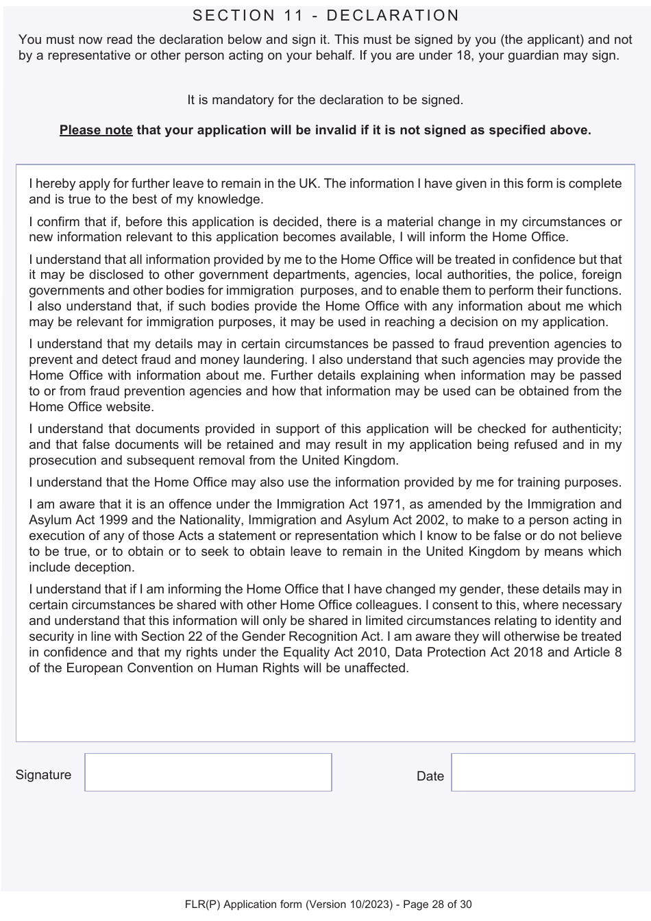 Form FLR(P) Application for an Extension of Stay in the UK as a Child Under the Age of 18 of a Relative With Limited Leave to Enter or Remain in the UK as a Refugee or Beneficiary of Humanitarian Protection and for a Biometric Immigration Document - United Kingdom, Page 28