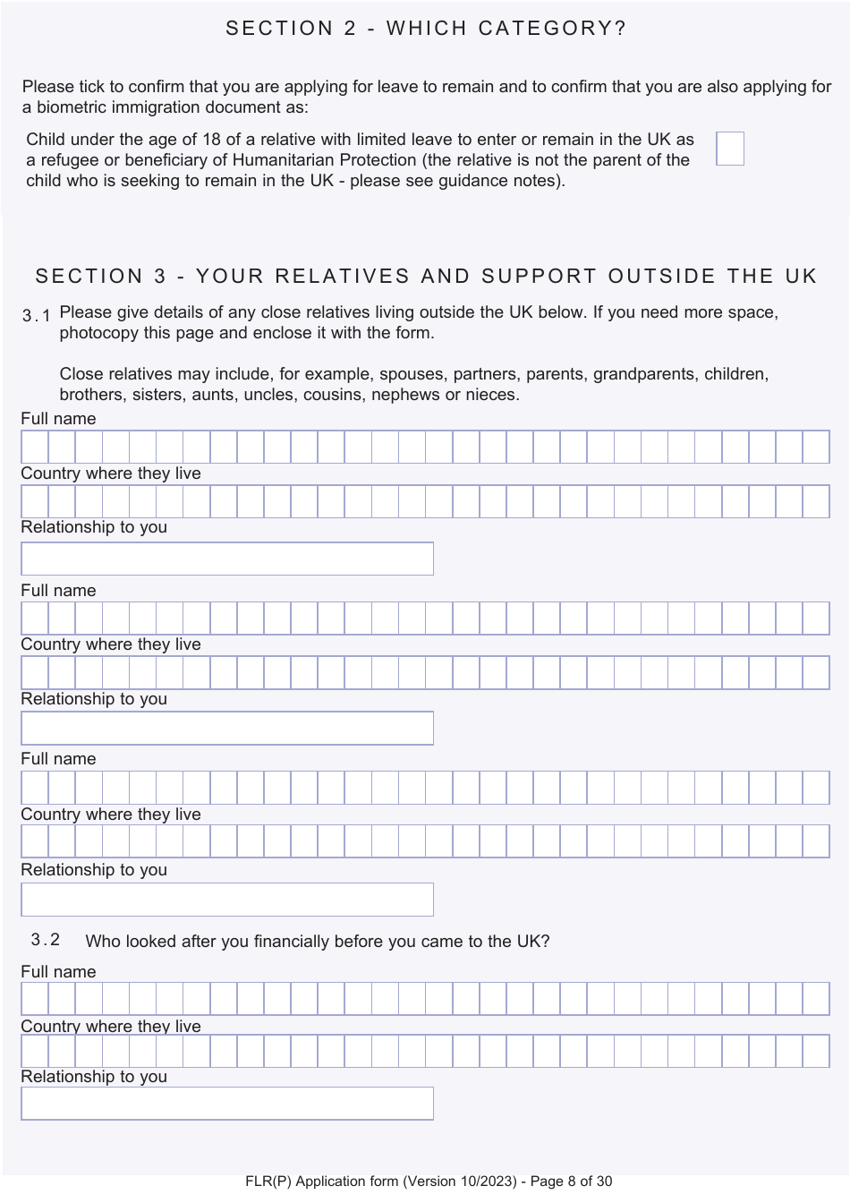 Form FLR(P) Application for an Extension of Stay in the UK as a Child Under the Age of 18 of a Relative With Limited Leave to Enter or Remain in the UK as a Refugee or Beneficiary of Humanitarian Protection and for a Biometric Immigration Document - United Kingdom, Page 8