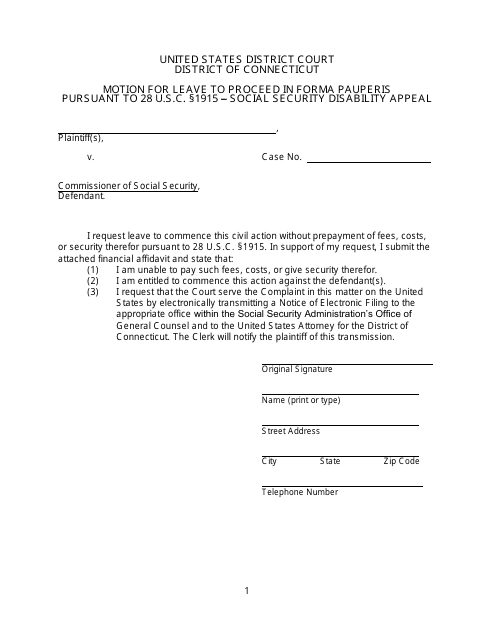 Motion for Leave to Proceed in Forma Pauperis Pursuant to 28 U.s.c. 1915 - Social Security Disability Appeal - Connecticut Download Pdf
