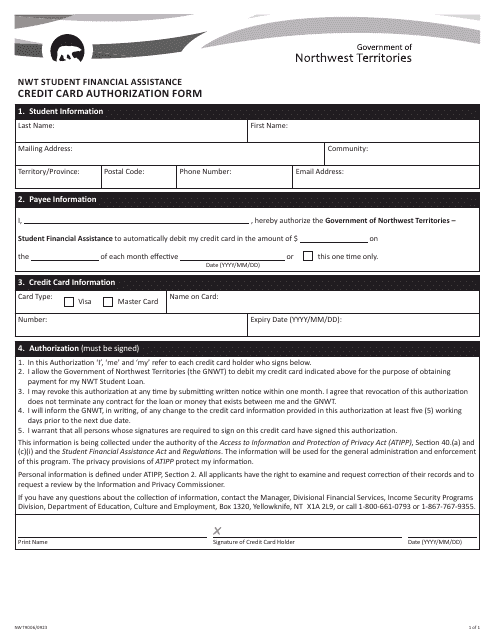 Form NWT9006 Credit Card Authorization Form - Northwest Territories, Canada (English/French)