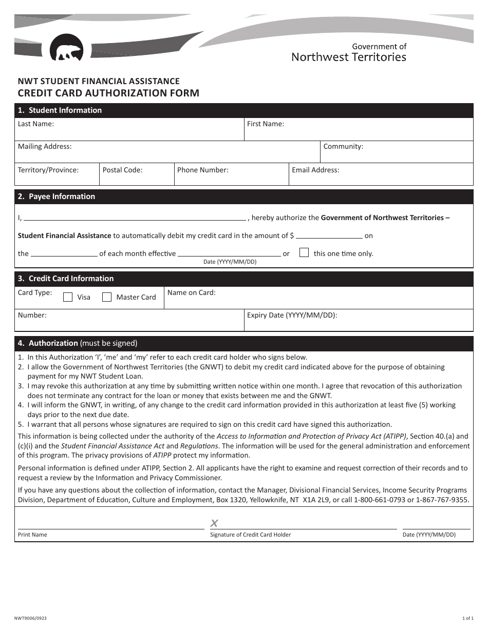 Form NWT9006 Credit Card Authorization Form - Northwest Territories, Canada (English / French), Page 1