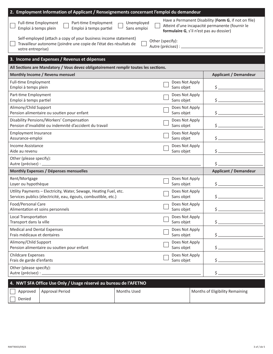 Form NWT9003 Application to Reduce Payments - Nwt Student Financial Assistance - Northwest Territories, Canada (English / French), Page 3