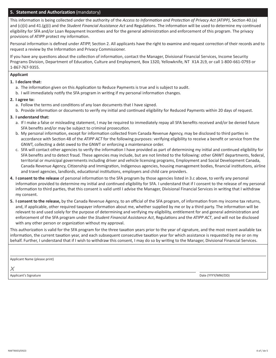 Form NWT9003 Application to Reduce Payments - Nwt Student Financial Assistance - Northwest Territories, Canada (English / French), Page 4