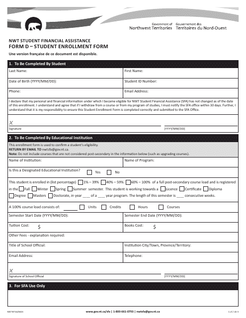 Form D (NWT8716) Student Enrollment Form - Northwest Territories, Canada (English/French)