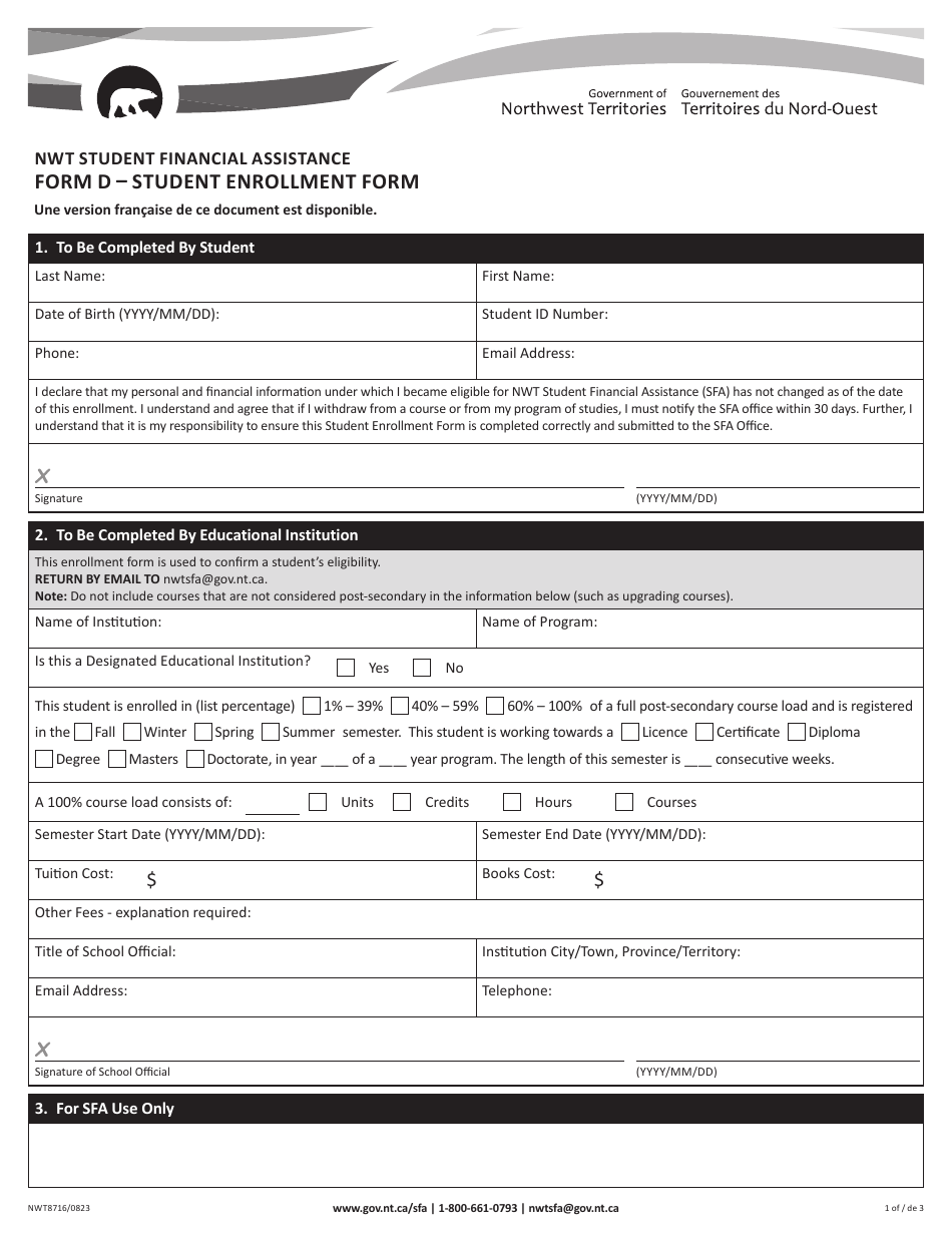 Form D (NWT8716) Student Enrollment Form - Northwest Territories, Canada (English / French), Page 1