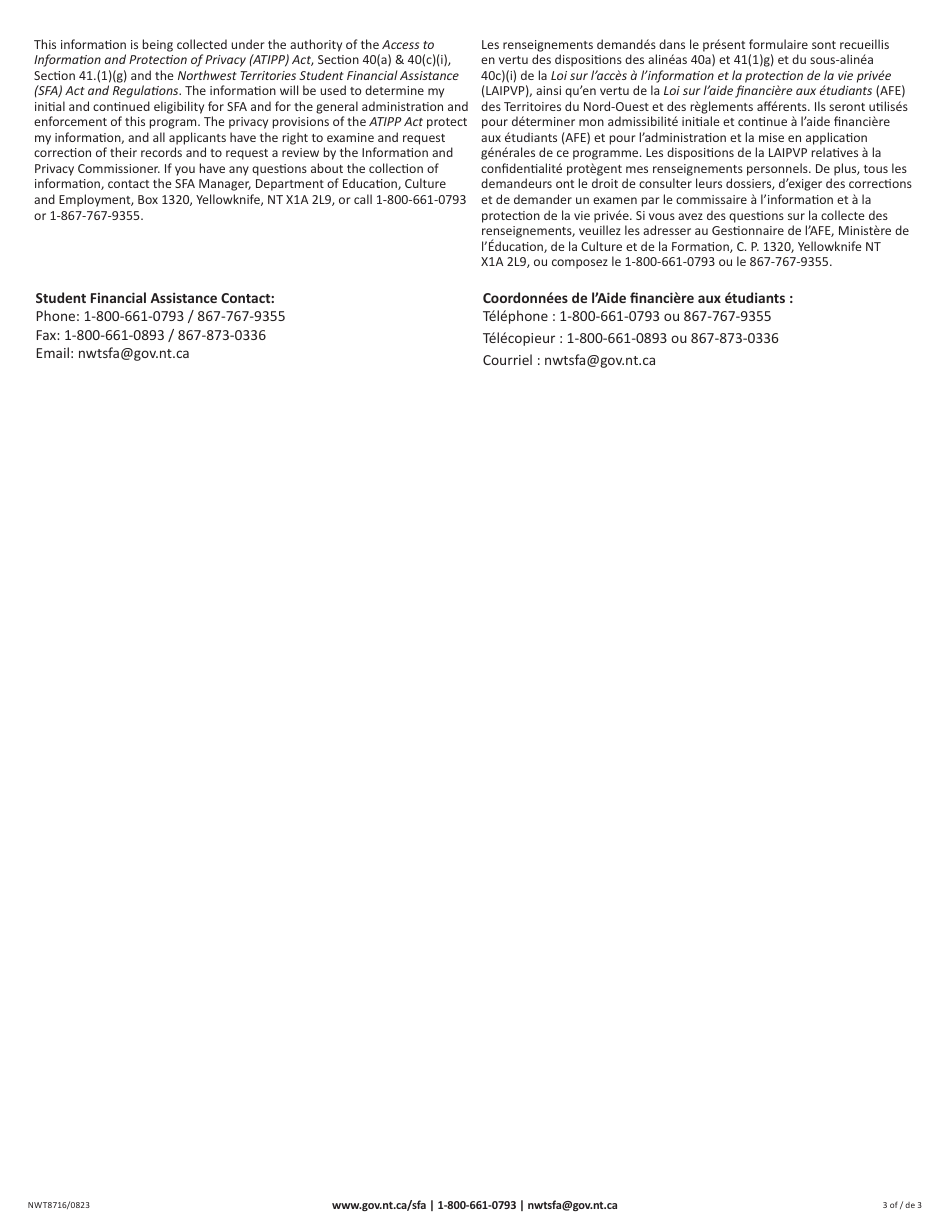 Form D (NWT8716) Student Enrollment Form - Northwest Territories, Canada (English / French), Page 3