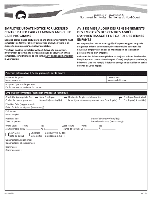 Form NWT6017 Employee Update Notice for Licensed Centre-Based Early Learning and Child Care Programs - Northwest Territories, Canada (English/French)
