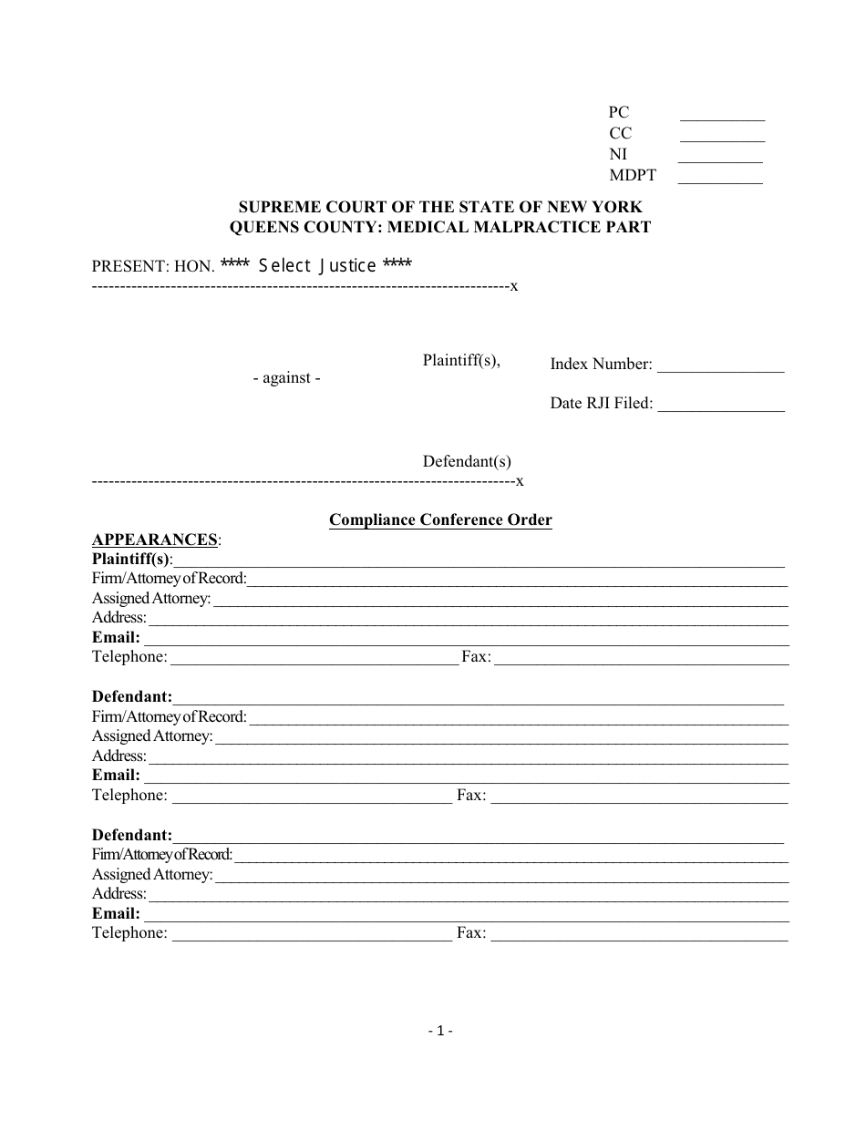 Compliance Conference Order - Queens County, New York, Page 1