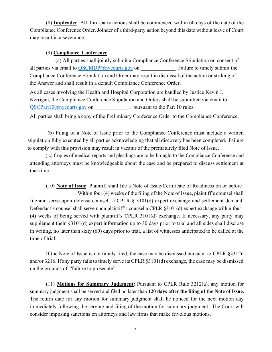 Preliminary Conference Order - Queens County, New York, Page 7