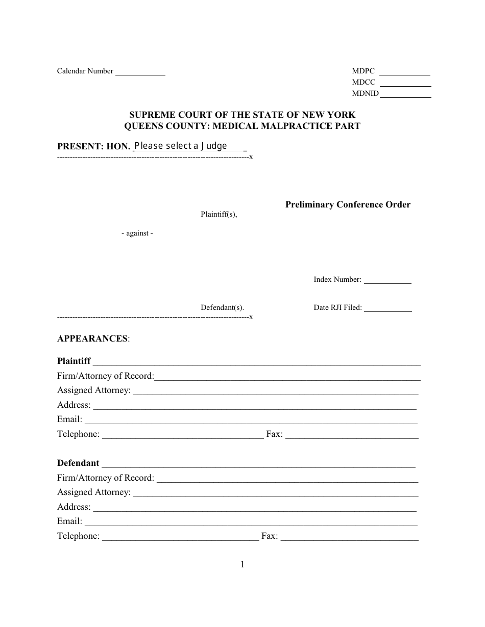 Queens County, New York Preliminary Conference Order Fill Out, Sign