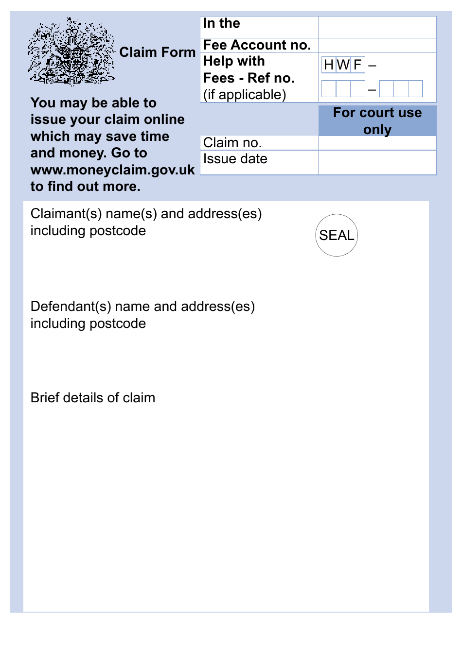Form N1 Claim Form (Cpr Part 7) (Large Print) - United Kingdom, Page 1