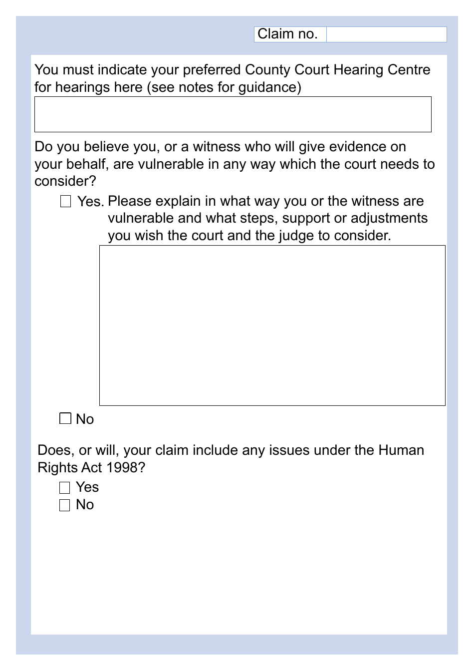 Form N1 Claim Form (Cpr Part 7) (Large Print) - United Kingdom, Page 3