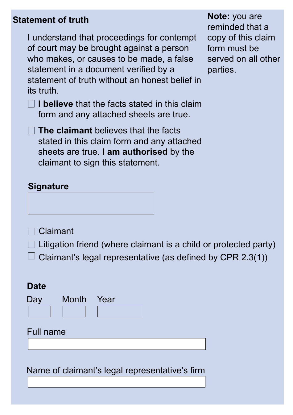 Form N1 Claim Form (Cpr Part 7) (Large Print) - United Kingdom, Page 5